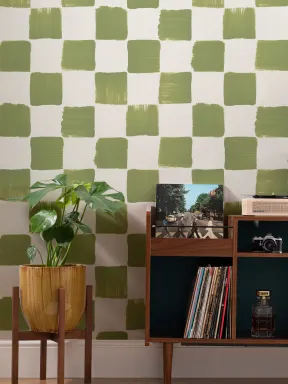 Olive Green Hand Painted Checkered Wallpaper