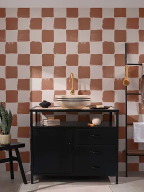 Burnt Orange Hand Painted Checkered Wallpaper
