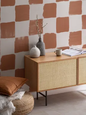Burnt Orange Hand Painted Checkered Wallpaper