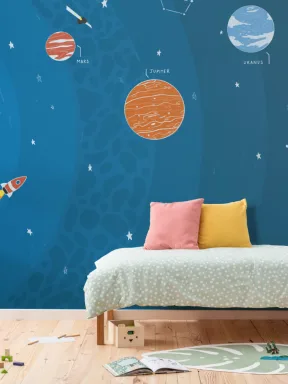 Mural Papel Pintado Educativo con Planetas Coloridos Constelaciones y Cohete