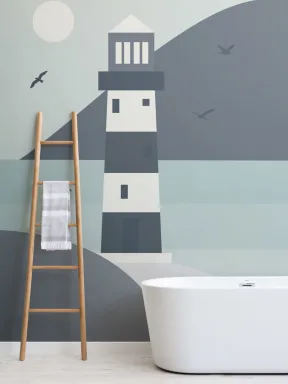 Lighthouse Beach Scene Wallpaper Mural