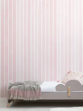 Papier Peint Panoramique Rayures Verticales en Rose Pâle et Blanc