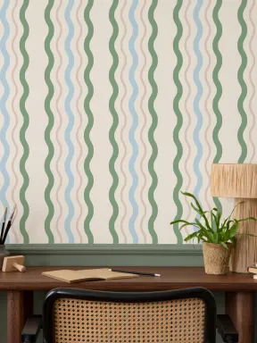 Papier Peint Rayures Ondulées en Vert et Bleu