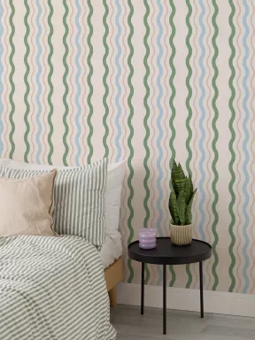 Papier Peint Rayures Ondulées en Vert et Bleu