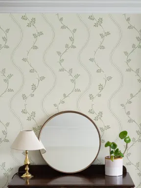 Mural de papel de parede de estilo vintage com riscas botânicas verdes