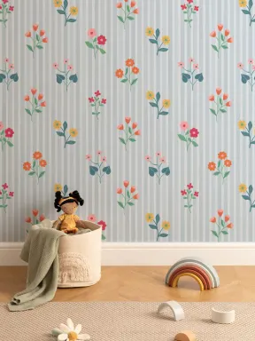 Pastellblommor Buntar Blå randig tapet