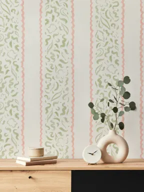 Green & Pink Abstract Leaves Striped Mural