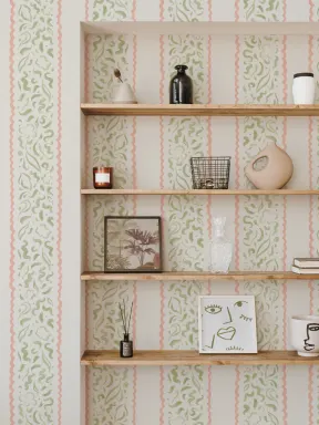 Papier Peint Panoramique rayé vert et rose avec feuilles abstraites
