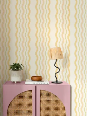 Yellow Wavy Ric Rac Striped Wallpaper