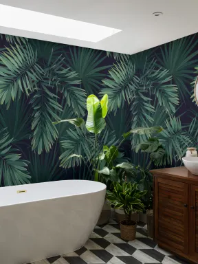 Papier Peint Panoramique Plante Tropicale Verte Illustrée