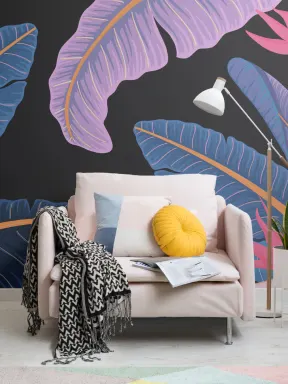 Papier Peint Panoramique Tropical Foncé aux Feuilles de Bananier Bleues et Oiseaux de Paradis