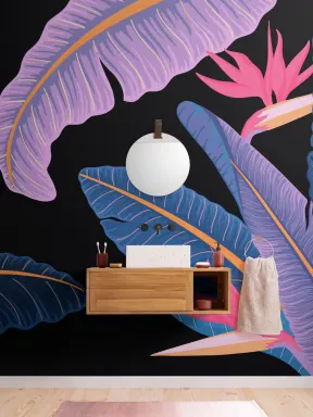 Papier Peint Panoramique Tropical Foncé aux Feuilles de Bananier Bleues et Oiseaux de Paradis