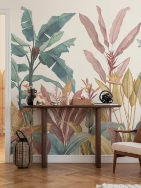Papier Peint Panoramique Vintage avec Plantes Tropicales Bleu Canard et Rose Poudré