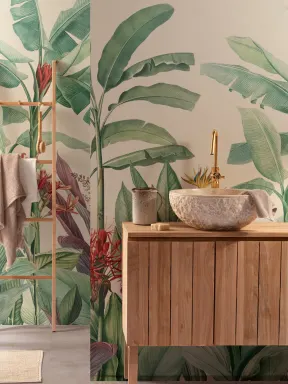 Papier Peint Panoramique Vintage avec Plantes Tropicales Vertes