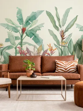 Papier Peint Panoramique Vintage avec Plantes Tropicales Vertes
