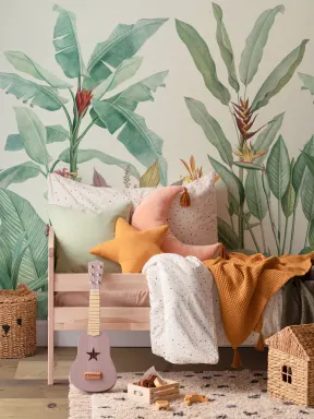 Papier Peint Panoramique Vintage avec Plantes Tropicales Vertes