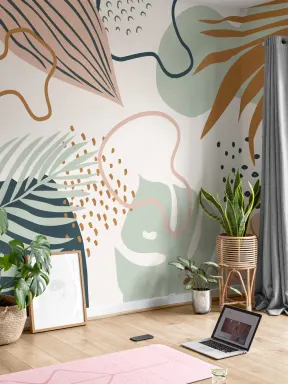 Papier Peint Panoramique Abstrait Collage Tropical Vert et Rose