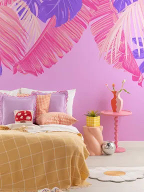 Carta da Parati Rosa e Viola Neon con Foglie Tropicali