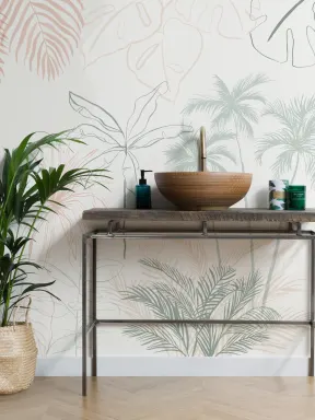 Papier Peint Panoramique Jungle Tropical Vert et Rose au Style Minimaliste