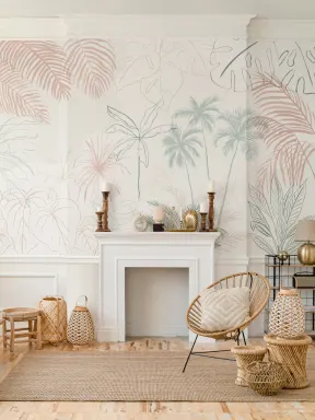 Papier Peint Panoramique Jungle Tropical Vert et Rose au Style Minimaliste