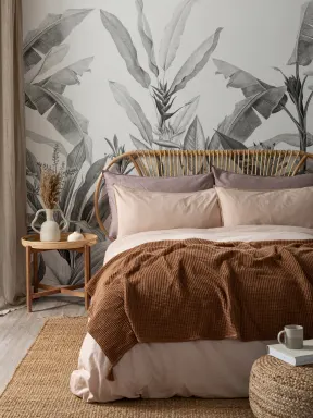 Papel de parede Mural de Plantas Tropicais Vintage em tons de cinzento