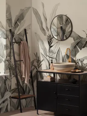 Grayscale Vintage Tropical Plants Wallpaper Mural