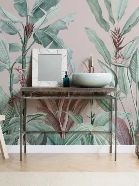 Pastel Pink & Green Vintage Tropical Wallpaper Mural