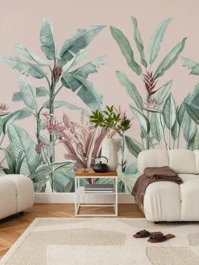 Papier Peint Panoramique Vintage en Vert et Rose avec Feuilles Tropicales