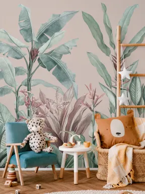 Pastel Pink & Green Vintage Tropical Wallpaper Mural
