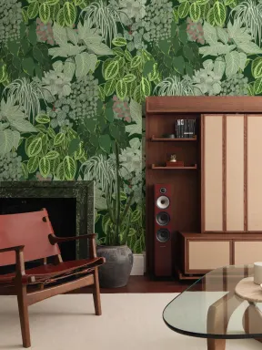 Papier Peint Feuillage Vert avec Jardin Vertical à Motifs de Plantes d’Intérieur