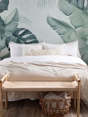 Green and Blue Watercolor Tropical Leaves Wallpaper Mural