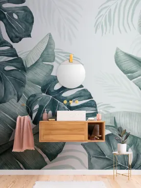 Green and Blue Watercolor Tropical Leaves Wallpaper Mural