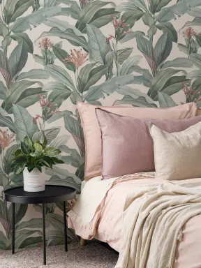 Papier Peint Vintage Pêche avec Feuilles Tropicales Vertes
