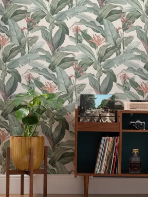 Papier Peint Vintage Pêche avec Feuilles Tropicales Vertes
