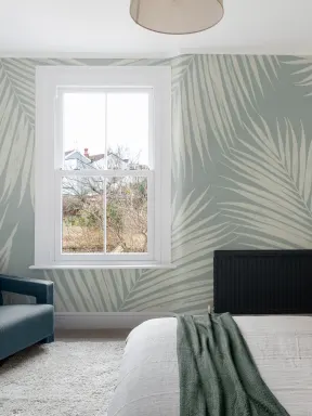 Pale Blue Illustrated Tropical Palm Leaf Wallpaper Mural