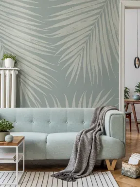 Papier Peint Panoramique Tropical Bleu Clair avec Feuilles de Palmier Grandes