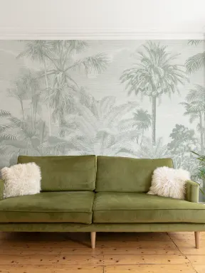 Papier peint panoramique Jungle tropicale vintage vert sauge