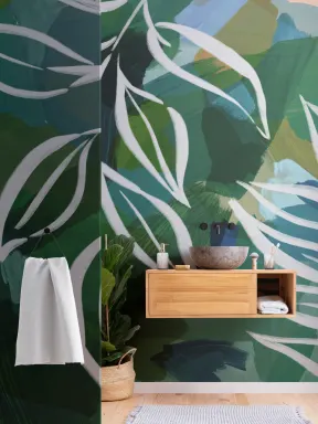 Blue and Green Abstract Botanical Wall Mural