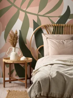 Blush Pink and Green Tropical Leaves Wallpaper Mural