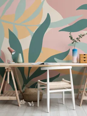 Panoramique feuilles tropicales roses, vertes et bleues
