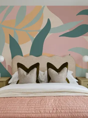 Panoramique feuilles tropicales roses, vertes et bleues