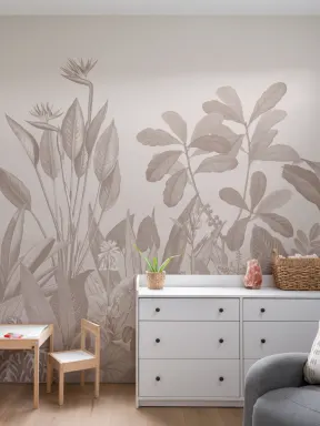 Tropical Oasis Vintage Botanical Jungle Illustration Wall Mural in Neutral