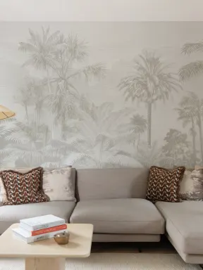 Lacandon grå mural-tapeter Tropisk palmskog med vintage etsningsdetaljer