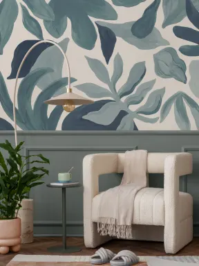 Blått botanisk Scandi kunst fototapet med blader