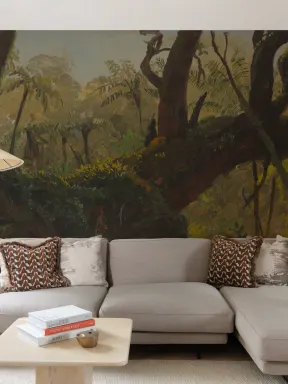 Papier peint panoramique peinture à l'huile représentant une jungle tropicale moussue