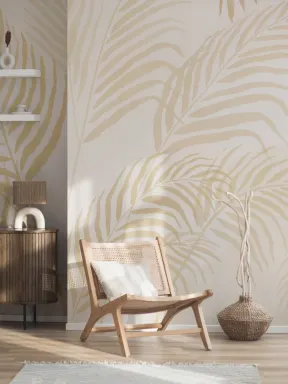 Papier peint panoramique Tropical jaune feuilles de palmier encrées