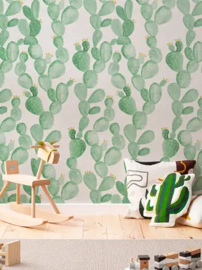 Mural Papel Pintado Cactus con Flores Amarillas en Acuarela