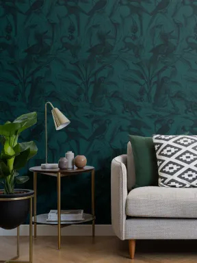 Blue Tropical Monkey & Bird Etching Wallpaper Mural