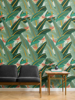 Papier Peint Panoramique Tropical à Motifs Feuilles de Bananier Vertes et Oiseaux de Paradis