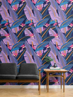 Papier Peint Panoramique Tropical à Motifs Feuilles de Bananier Bleues